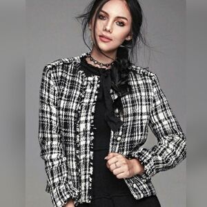 Zara Basics Black/White Tweed Fringed Jacket Sz XL